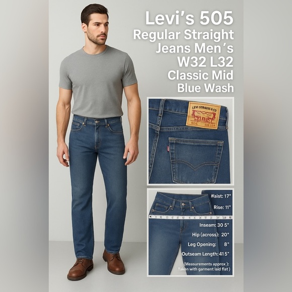 Levi’s 505 Straight Leg Jeans Men’s W32 L32 | Classic Medium Wash - Picture 16 of 16